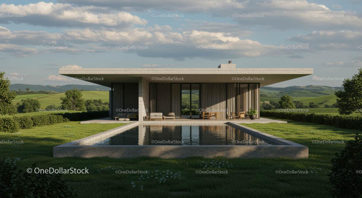 Modern Villa with Reflection Pool in Scenic Countryside
