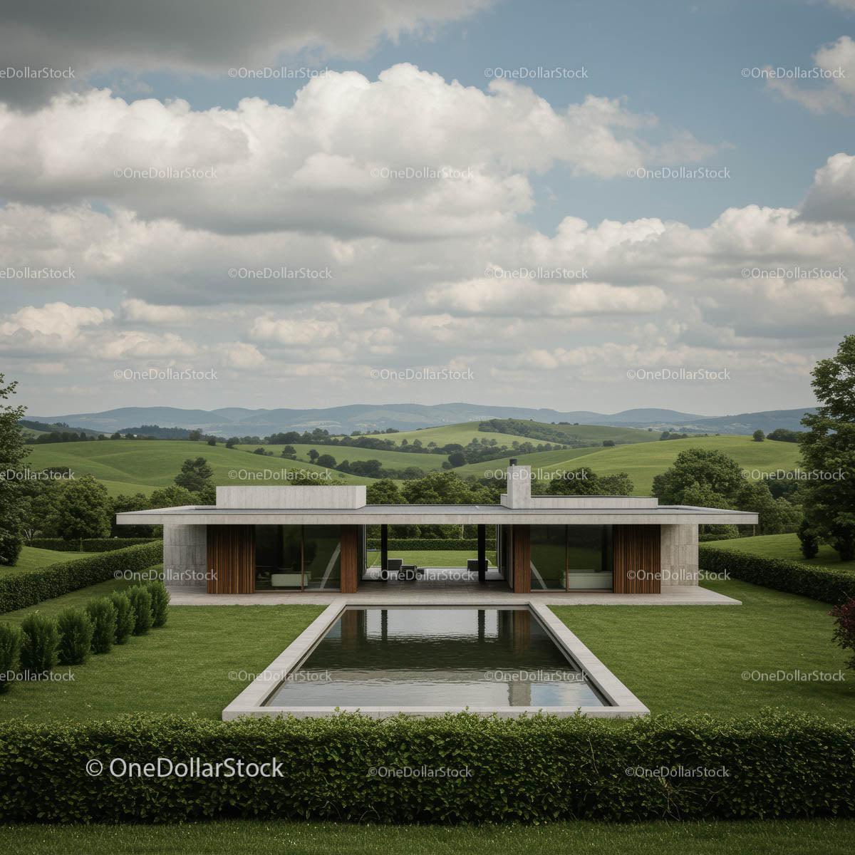 Modern House with Reflection Pool and Scenic Landscape