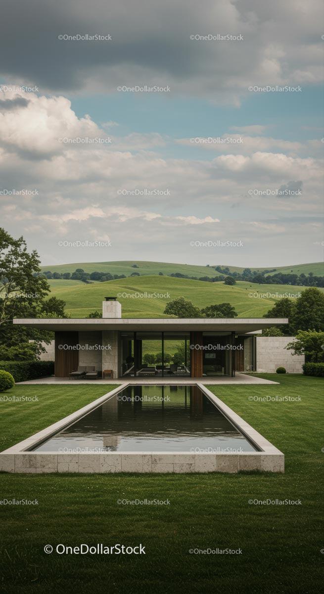 Modern Villa with Pool in Serene Countryside Landscape 10 JPG Files digital asset preview