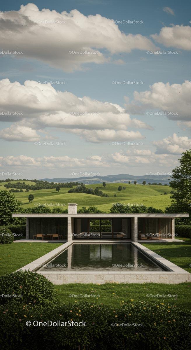 Modern Villa with Pool in Serene Countryside Landscape Stock Photo Bundle preview 8