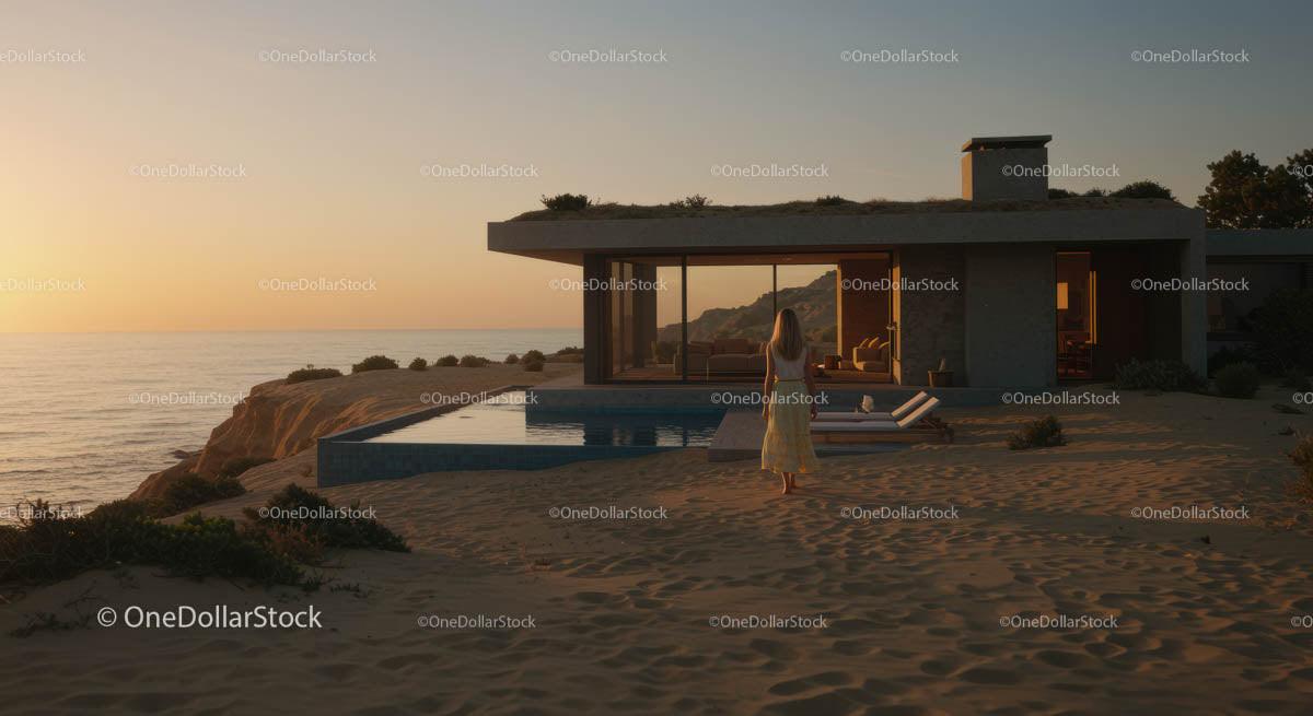 Modern Seaside Home with Pool at Sunset