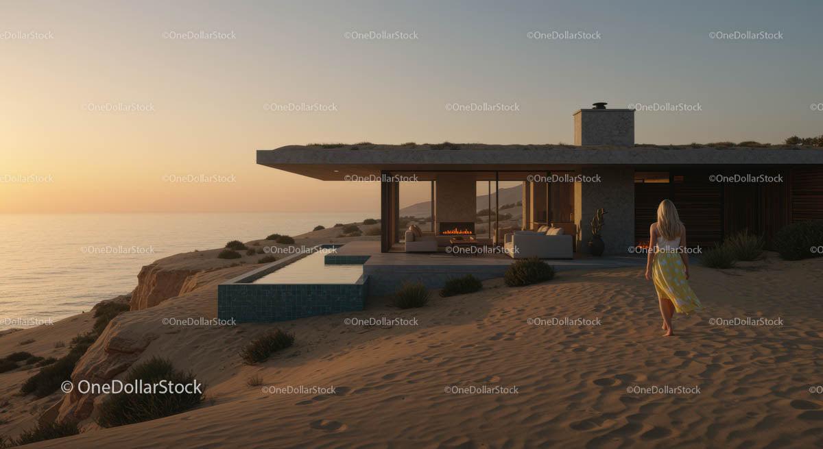 Modern Beach House with Infinity Pool at Sunset