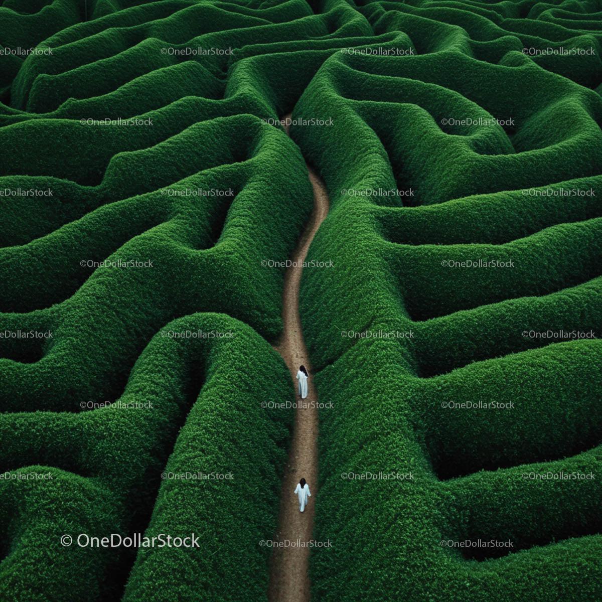 Aerial View of Green Maze with Winding Path