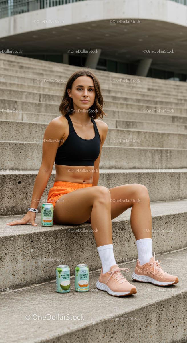 Sporty Woman in Orange Shorts Sitting on City Steps