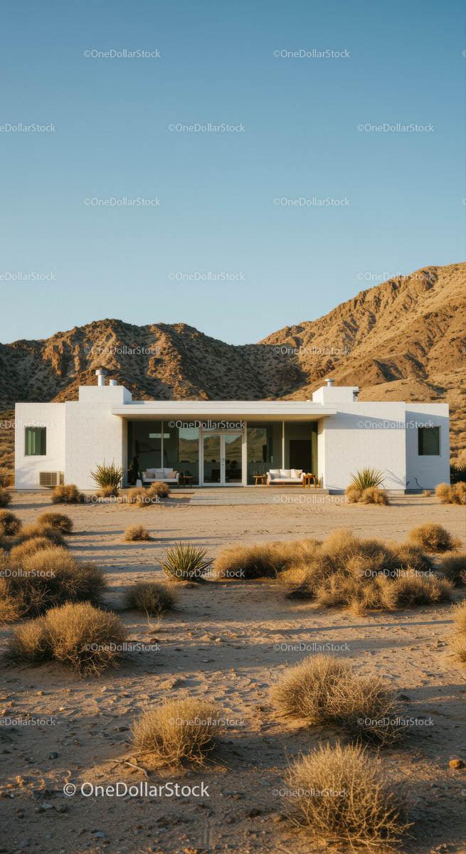 Modern Desert Home Amidst Rugged Mountains and Blue Sky