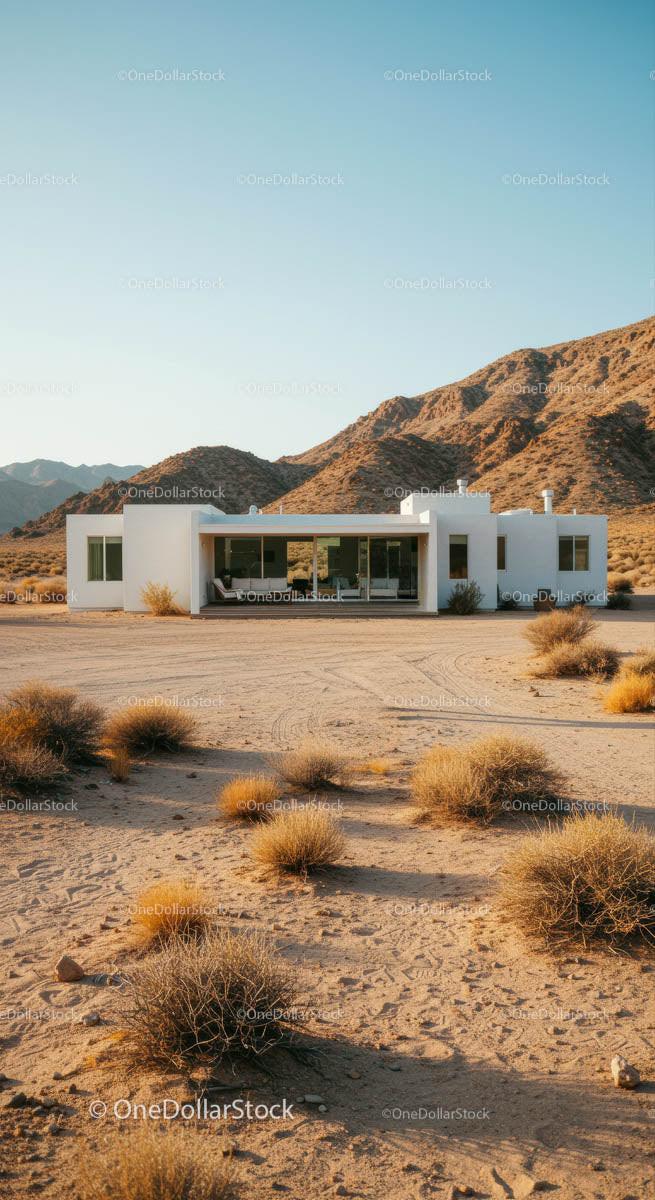 Modern Desert Home with Mountain View in Arid Landscape