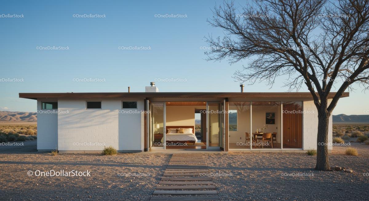 Modern Desert Home with Glass Facade and Open Interiors Stock Photo Bundle preview