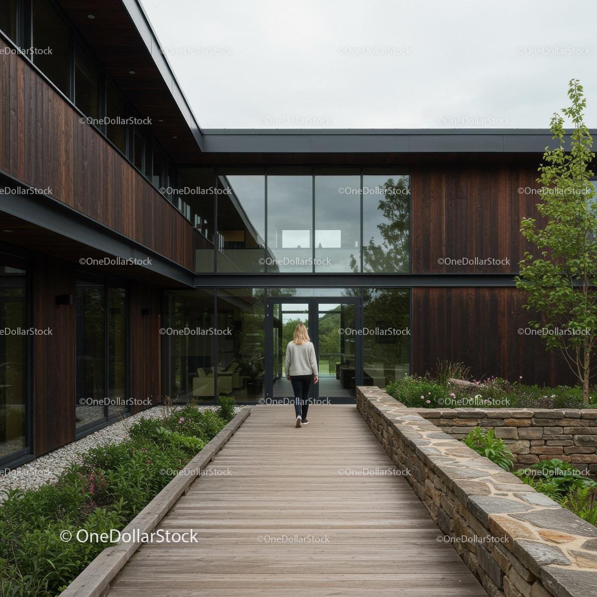 Modern Office Building with Wooden Exterior and Lush Garden Stock Photo Bundle preview