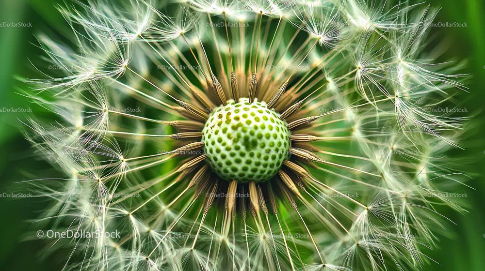 Close-Up of Dandelion Seed Head with Green Background