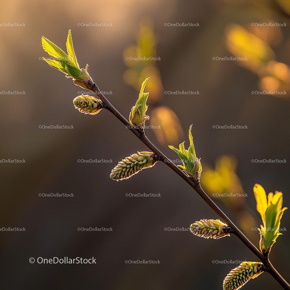 Budding Branch with Fresh Leaves in Warm Sunlight