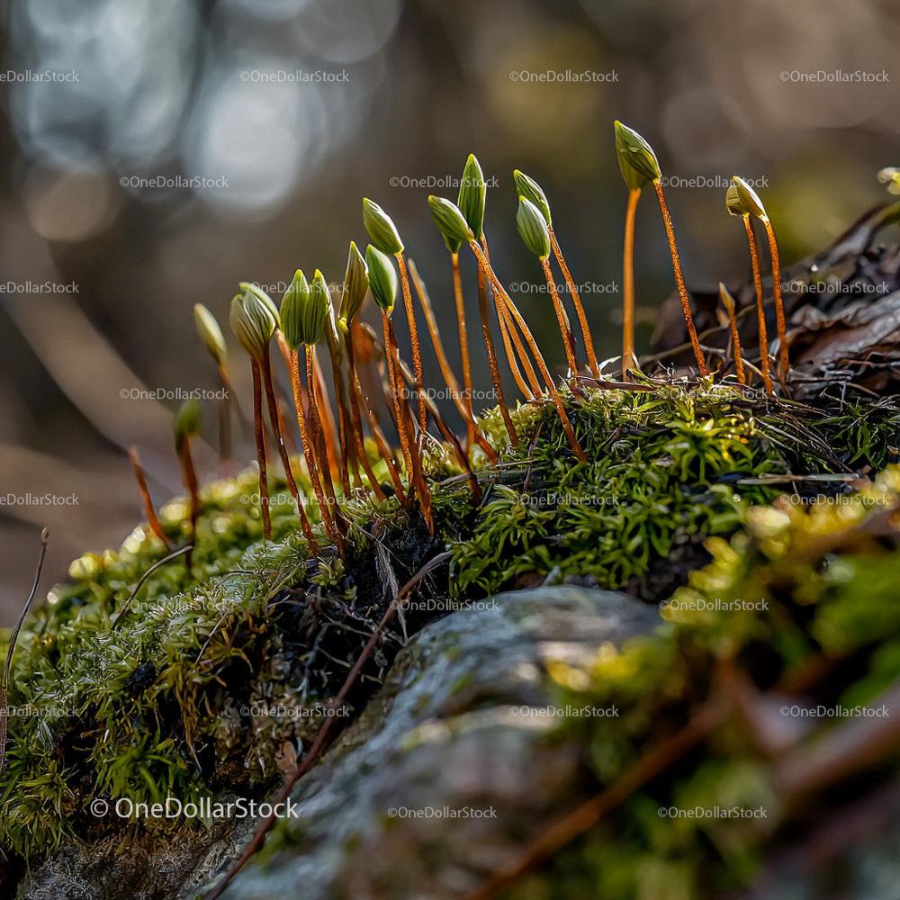 Closeup of Delicate Moss Sprouts in Lush Forest Setting