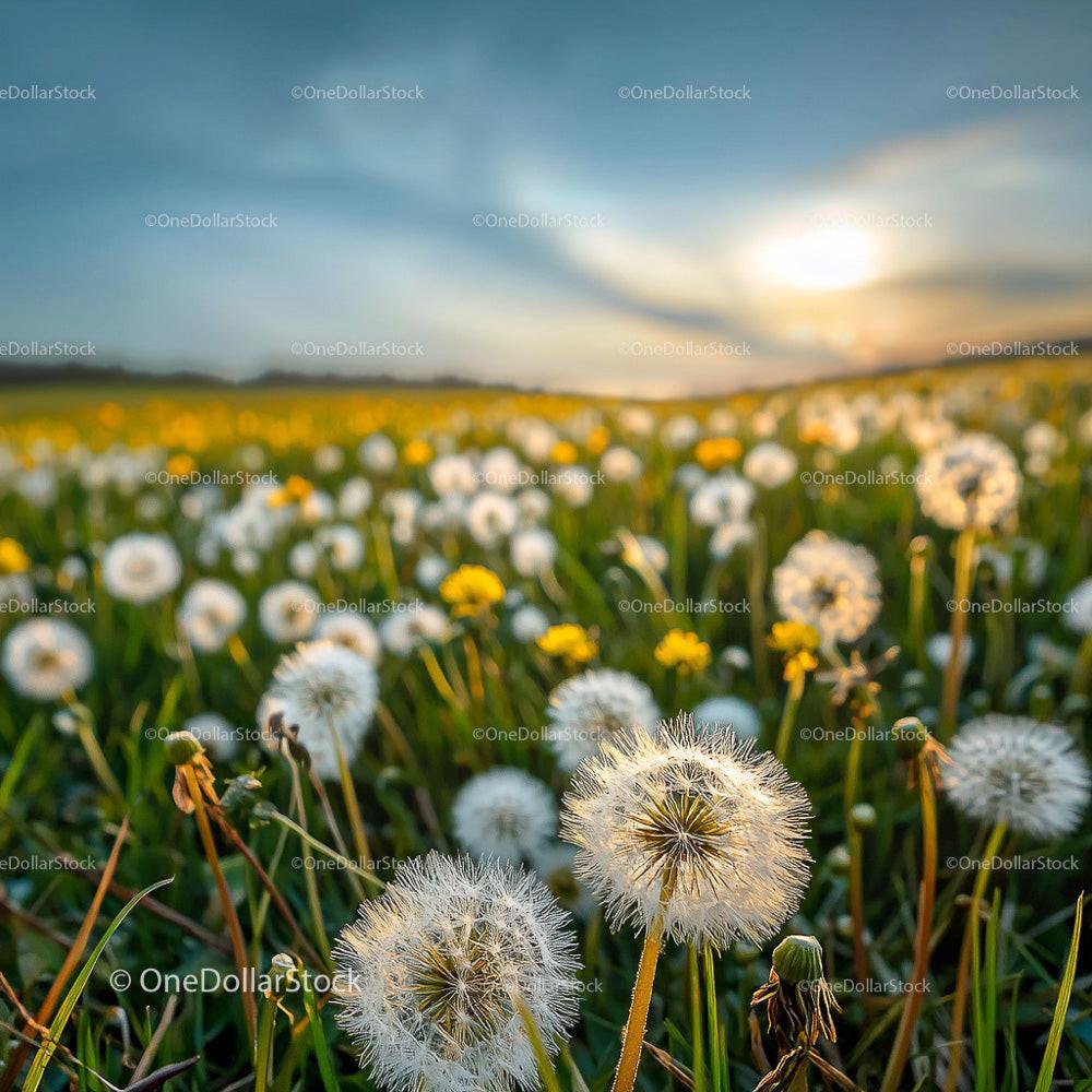 Serene Dandelion Field at Sunset with Yellow Wildflowers