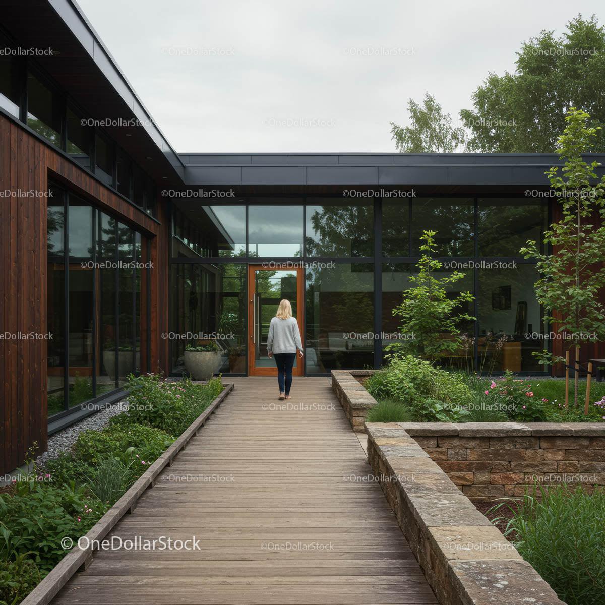 Woman Walking by Modern Glass Building Surrounded by Greenery
