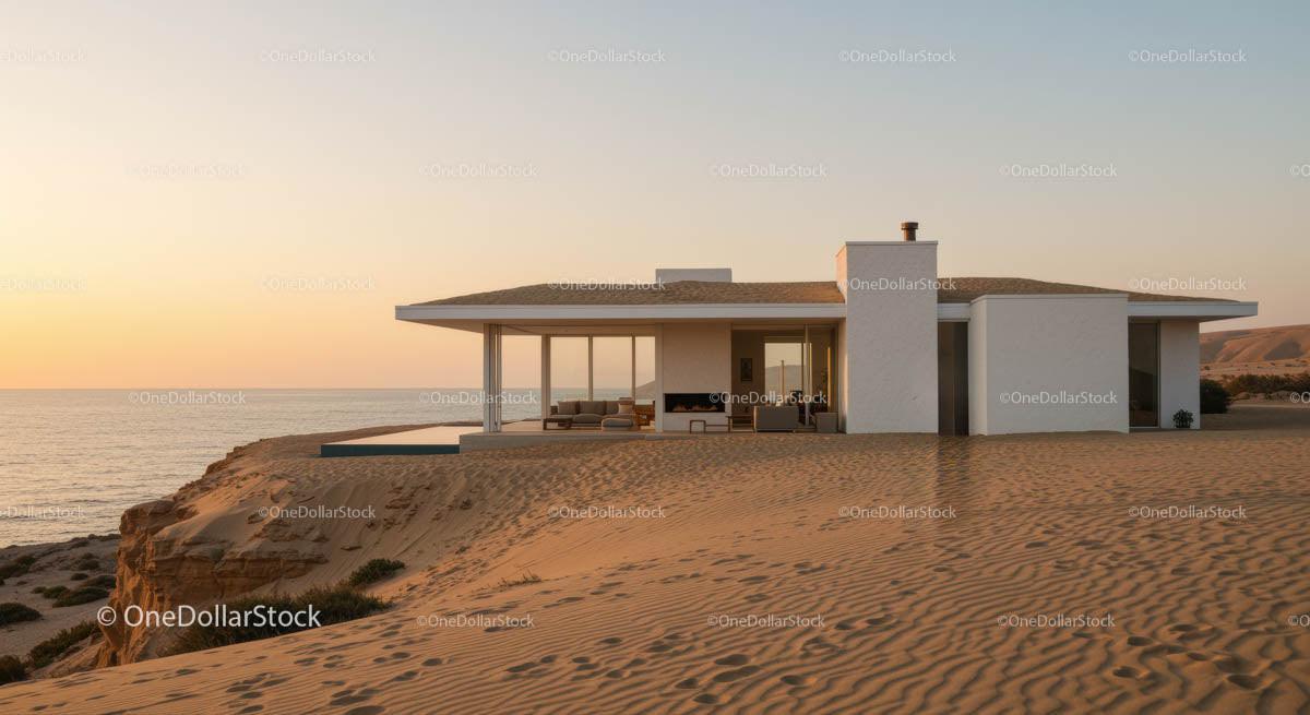 Modern Beachfront House at Sunset in Desert Landscape