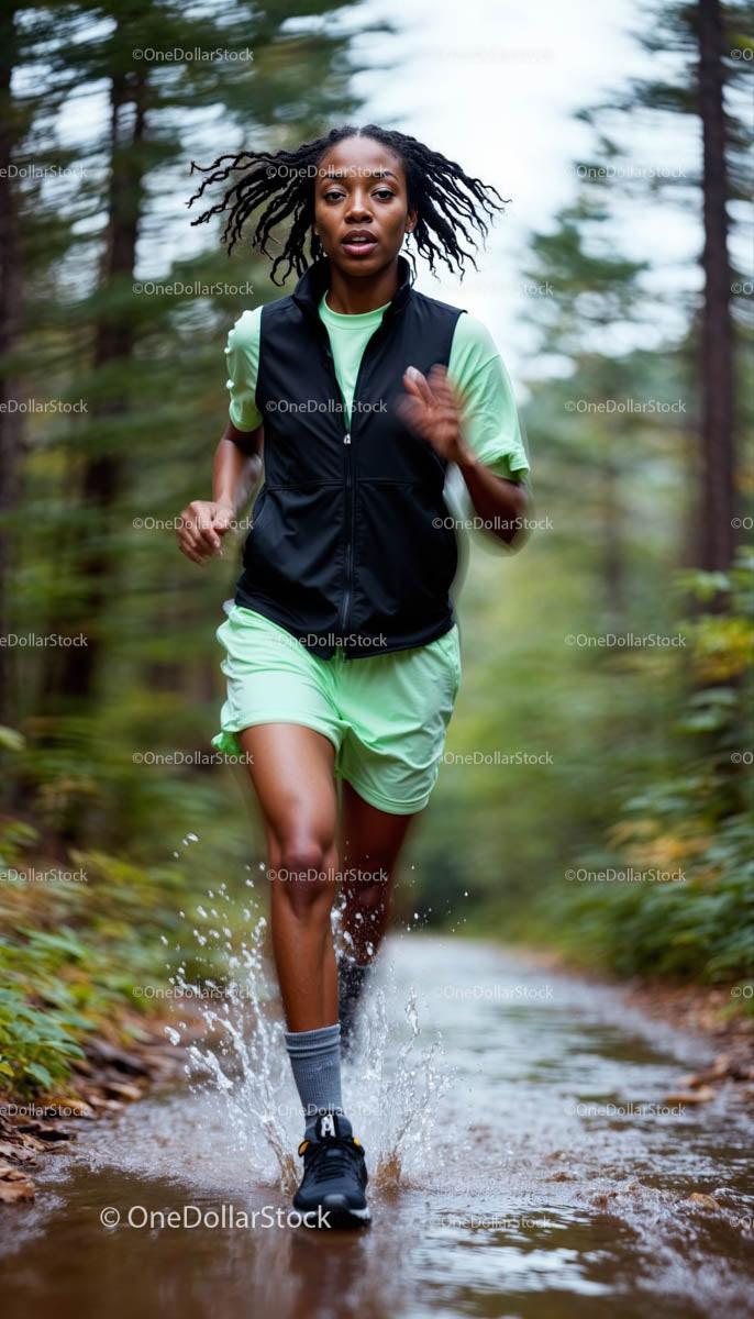 Woman Jogging on a Forest Trail in Green Outfit