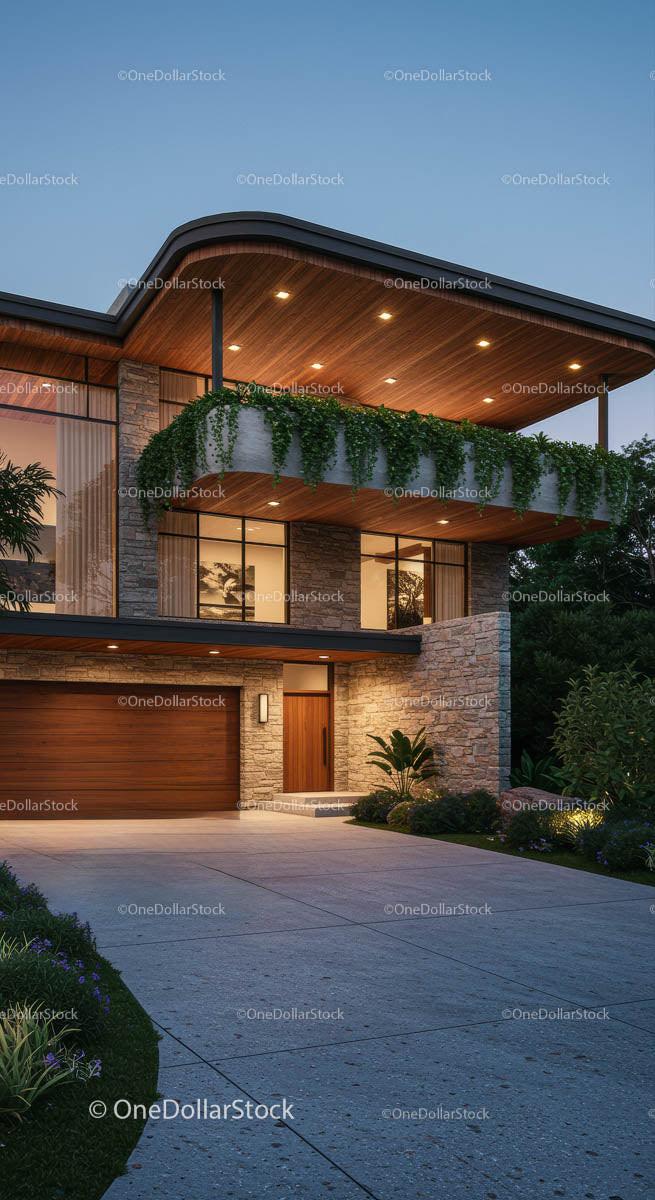 Modern Luxury Home with Wooden Facade and Greenery