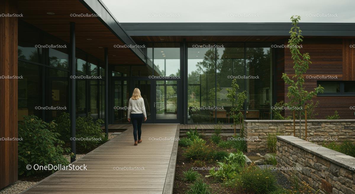 Modern Office Building with Wooden Exterior and Lush Garden Stock Photo Bundle preview 7