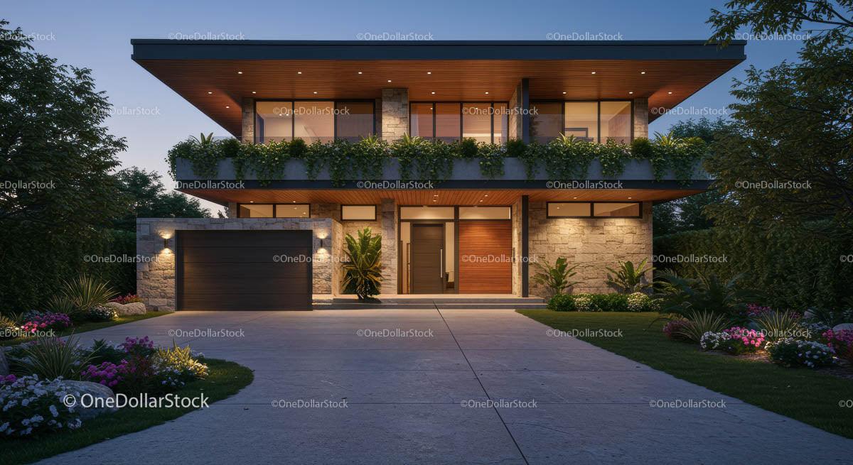 Modern Luxury Home with Evening Lighting and Lush Garden