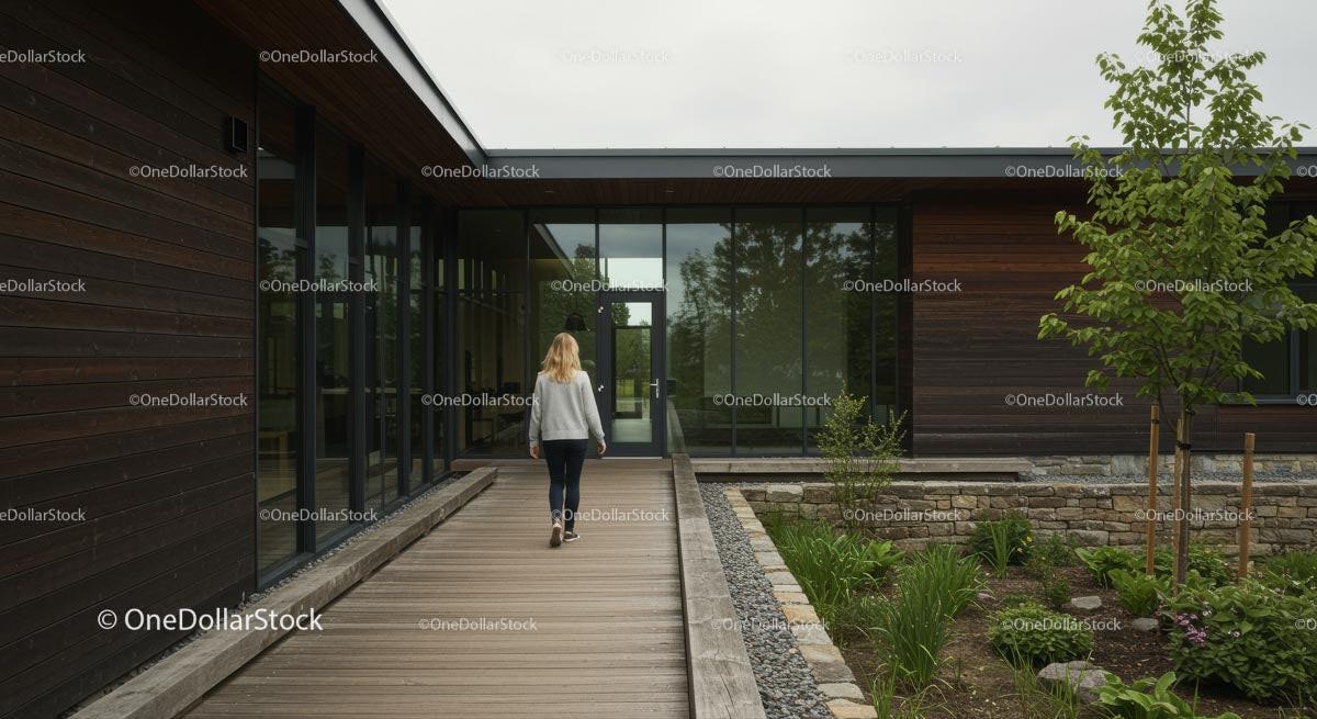 Modern Office Building with Wooden Exterior and Lush Garden Stock Photo Bundle preview 8