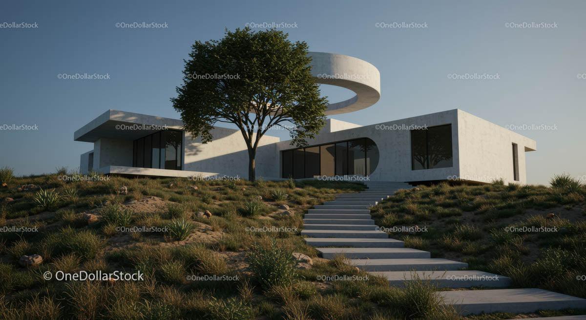 Modern Minimalist House with Curved Staircase and Greenery