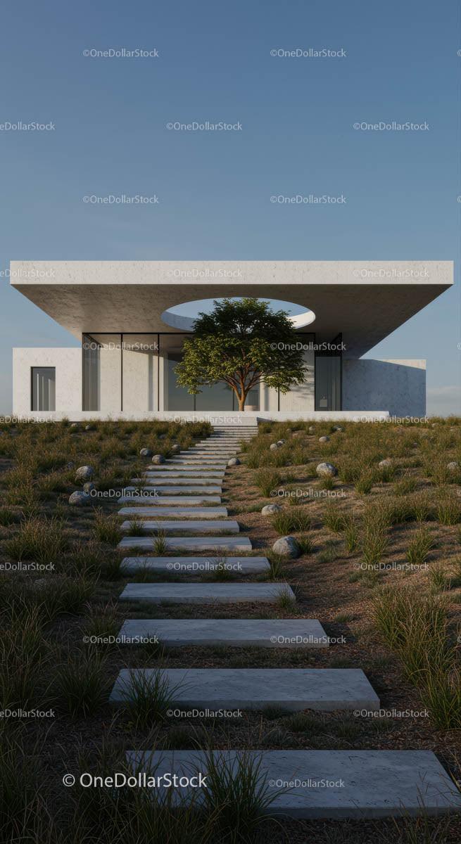 Contemporary Concrete House with Pathway and Tree