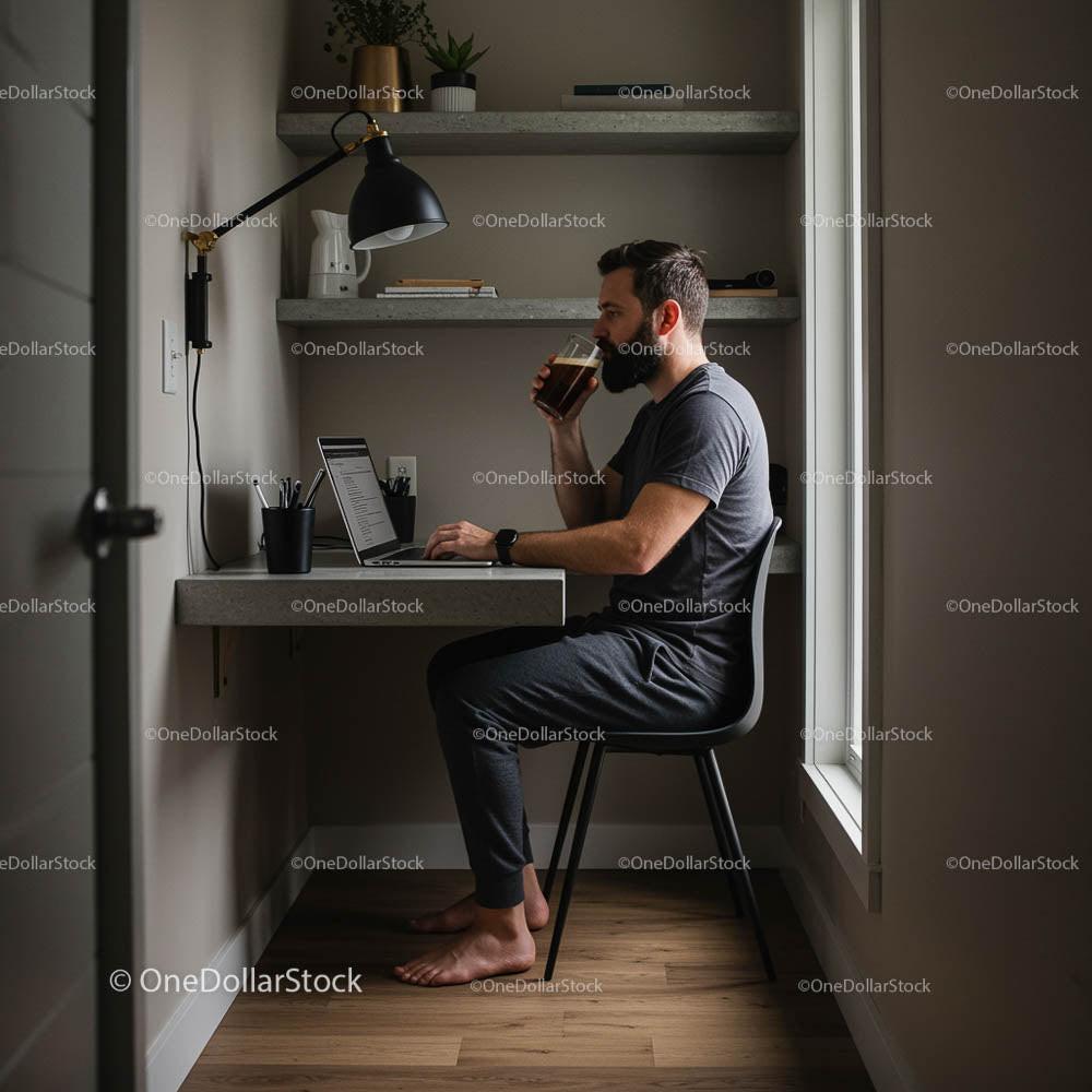 Man Working from Home Office Drinking Coffee