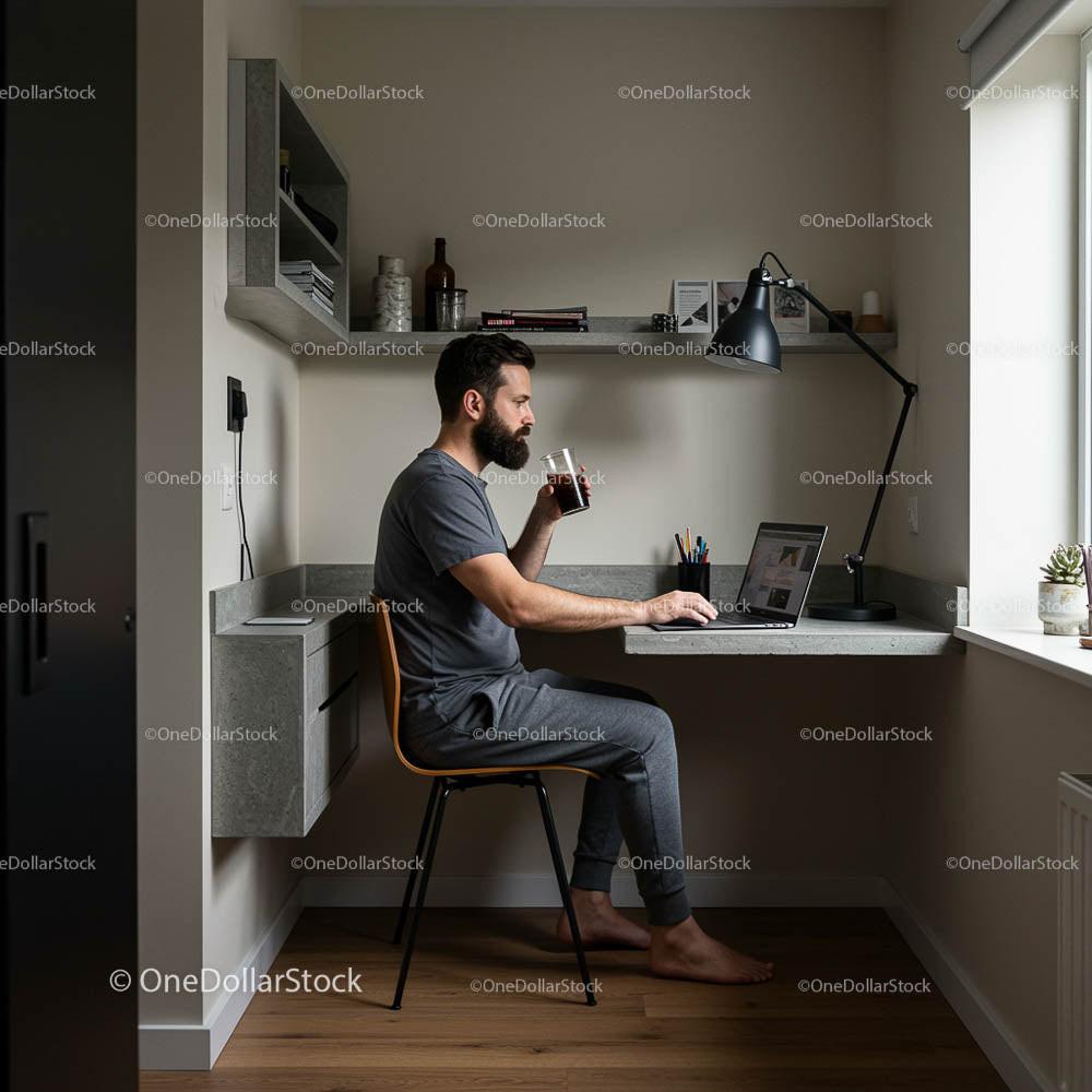 Man Working in Modern Home Office with Laptop and Coffee