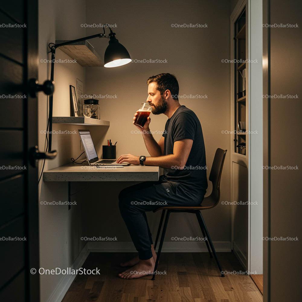 Man Working from Home Office with Laptop and Coffee