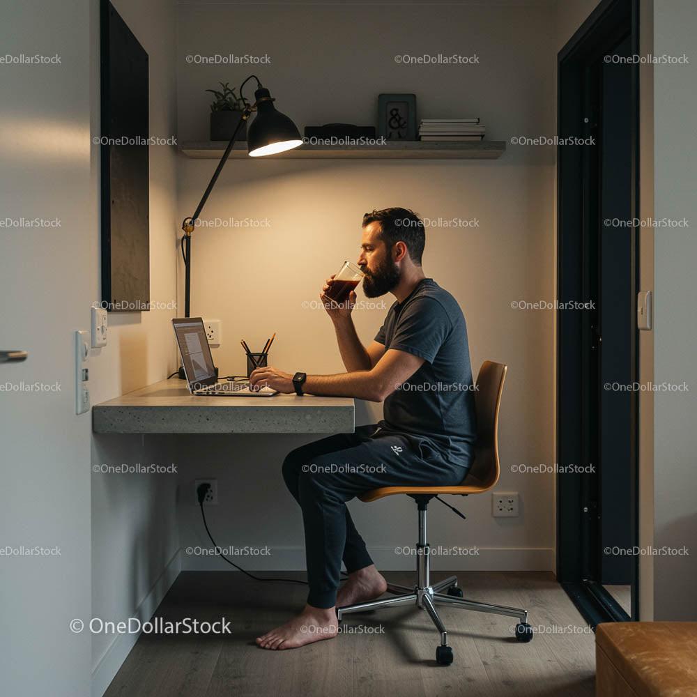 Man Working from Home Office with Laptop and Coffee