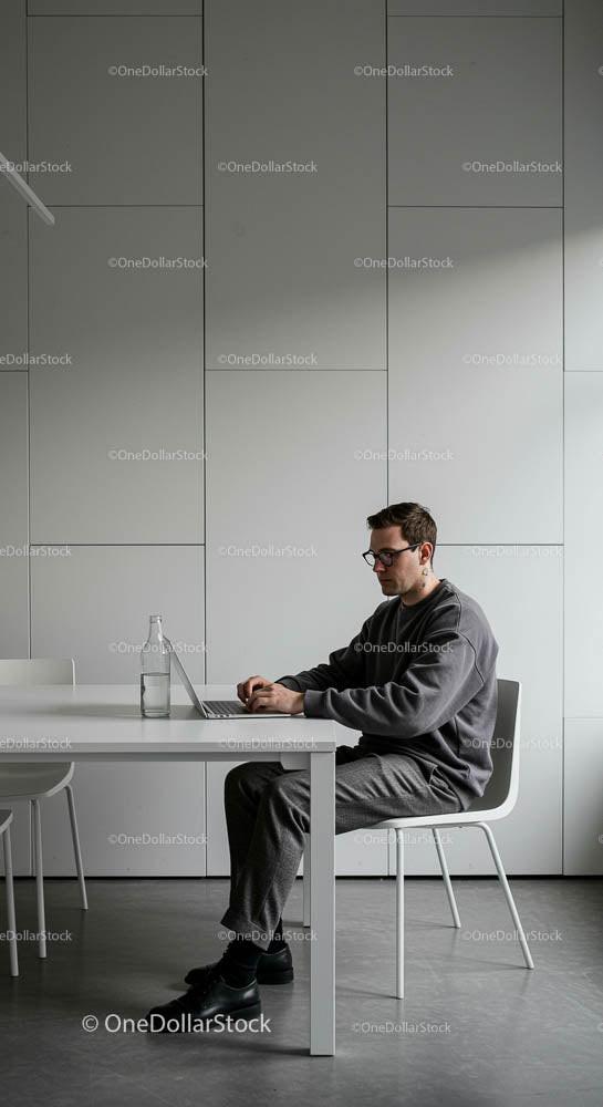 Focused Man Working on Laptop in Minimalist Office