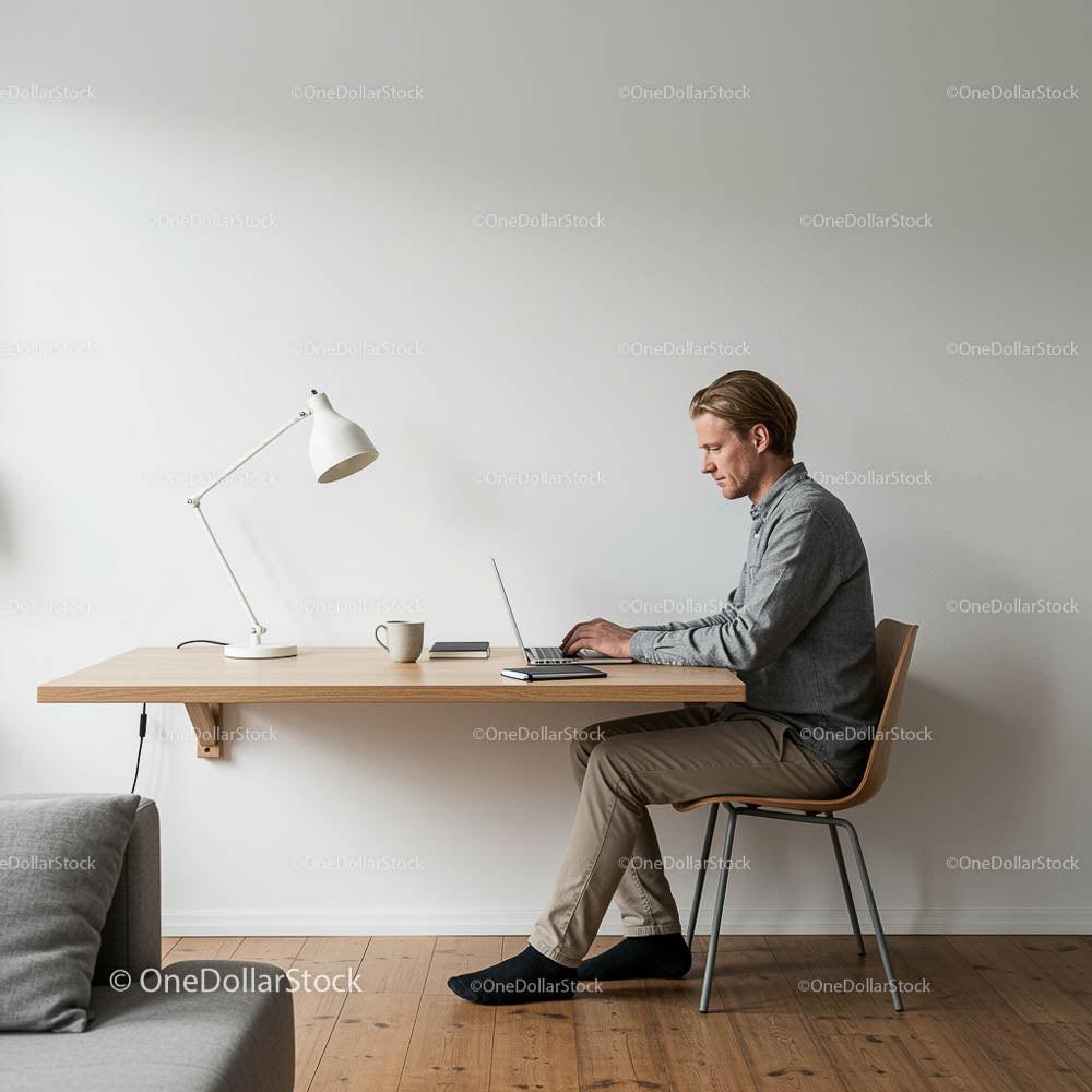 Minimalist Home Office with Man Working on Laptop