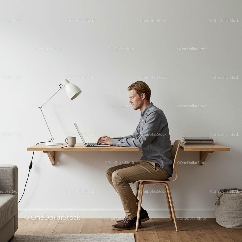 Man Working on Laptop in Minimalist Home Office