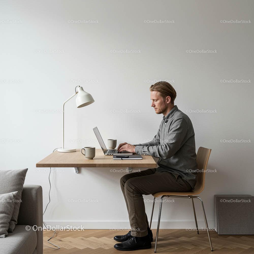 Man Working in Minimalist Home Office with Laptop