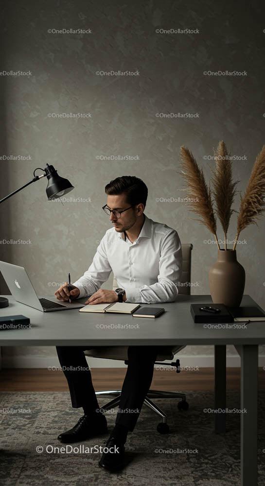 Young Professional Working at Home Office Desk with Laptop