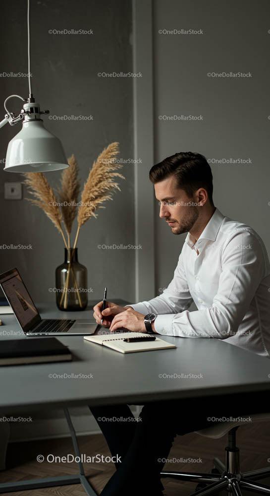 Professional Businessman Writing Notes at Modern Desk