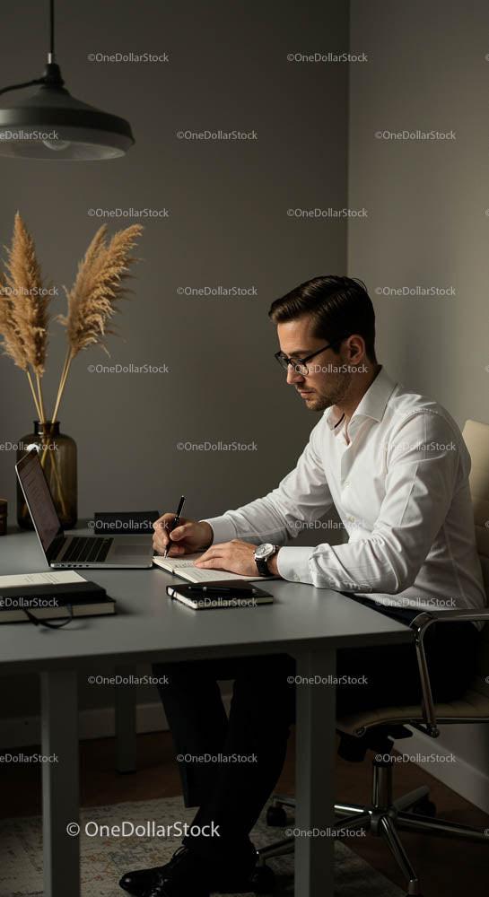 Businessman Focused on Work at Modern Office Desk