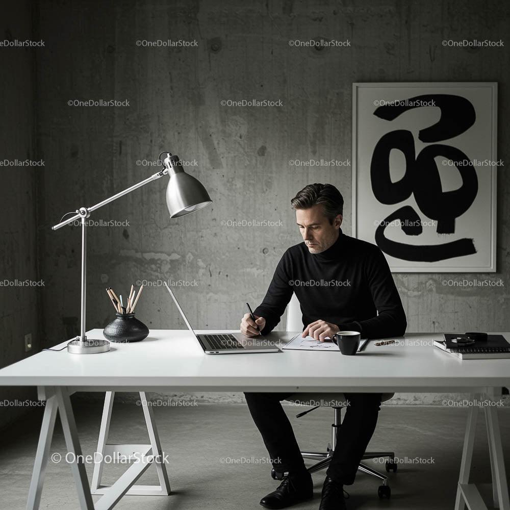 Focused Professional in a Minimalist Office Setting