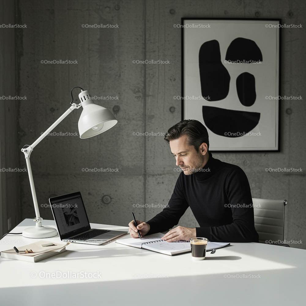 Businessman Focused on Work in a Modern, Minimalist Office