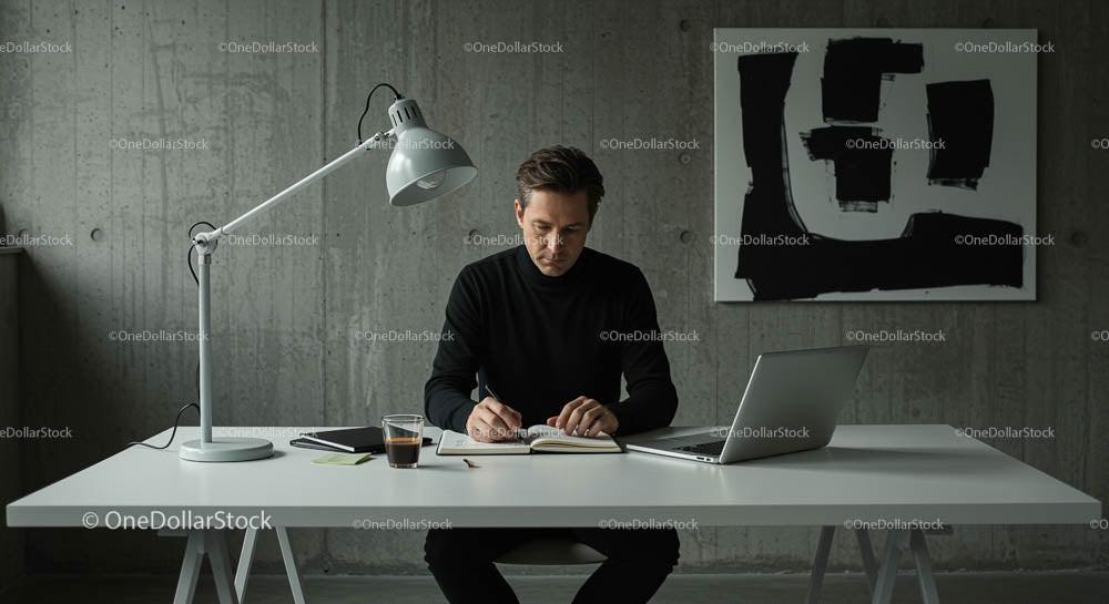 Focused Man Working at Minimalist Desk in Modern Office