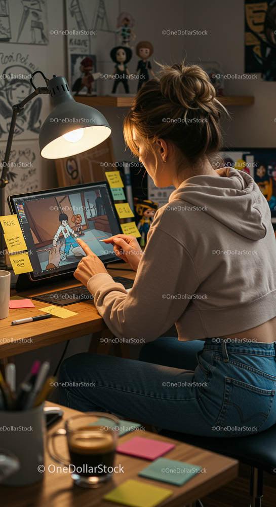 Focused Digital Artist Illustrating in Cozy Home Studio