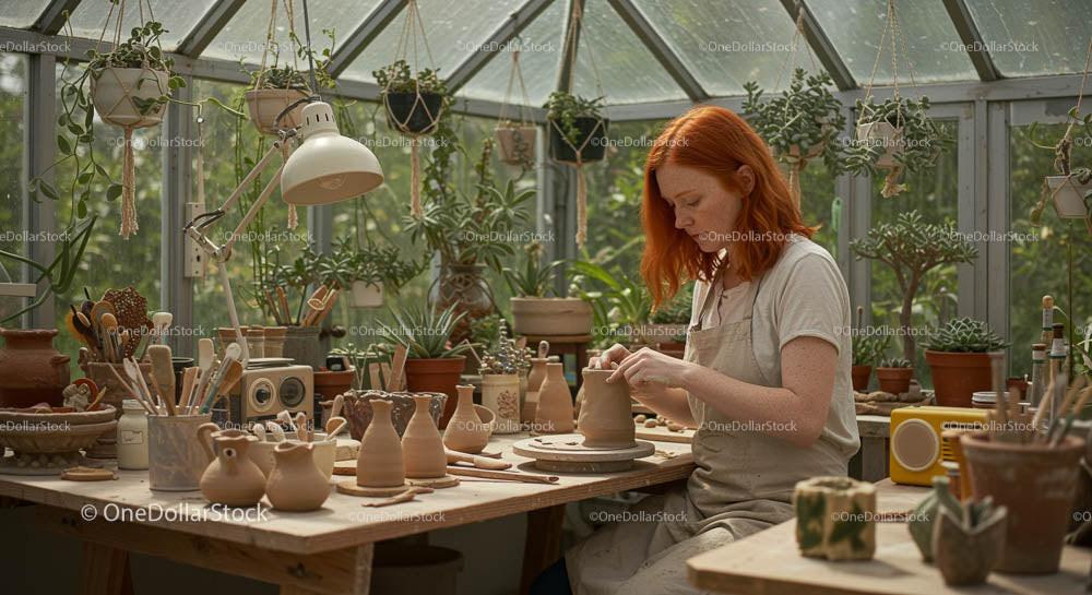 Ceramic Artist Crafting Pottery in a Lush Greenhouse Studio