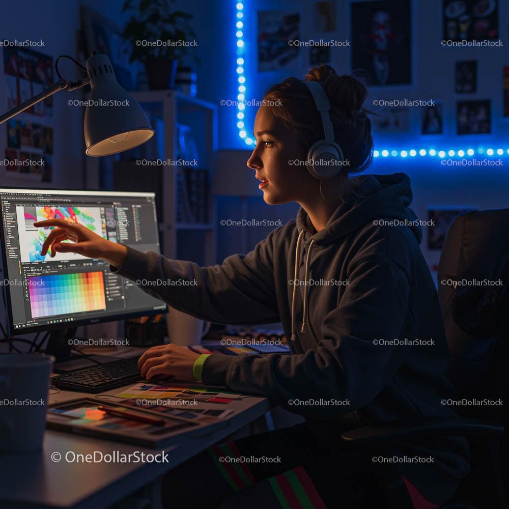 Young Woman in Headphones Designing Digital Art at Night