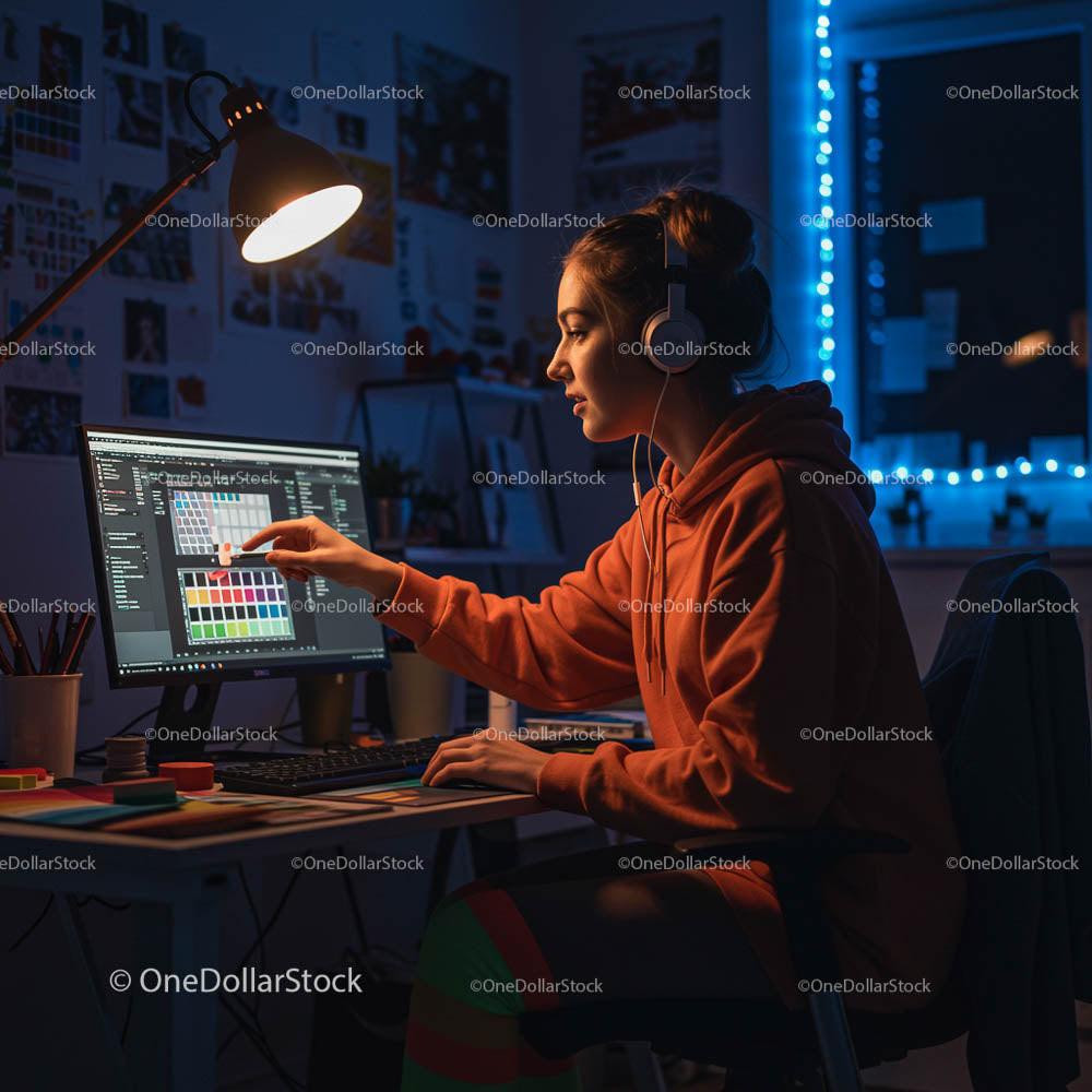 Young Graphic Designer Working Late at Modern Studio