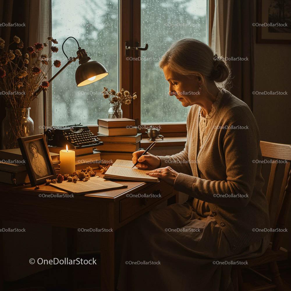 Woman Writing at a Cozy Candlelit Desk on a Rainy Day