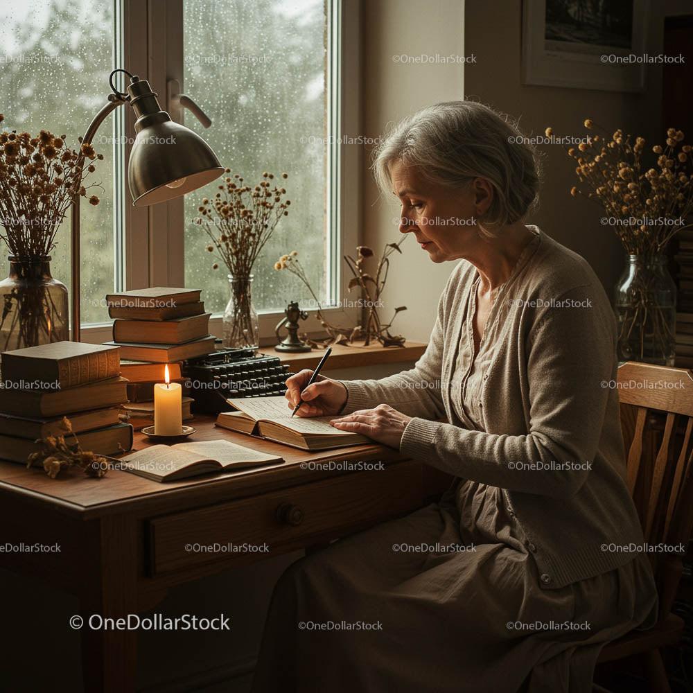 Mature Woman Writing by Candlelight on a Rainy Day