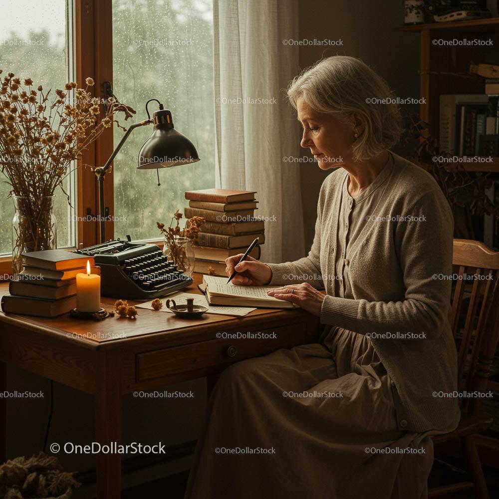 Elderly Woman Writing by Candlelight at Cozy Desk