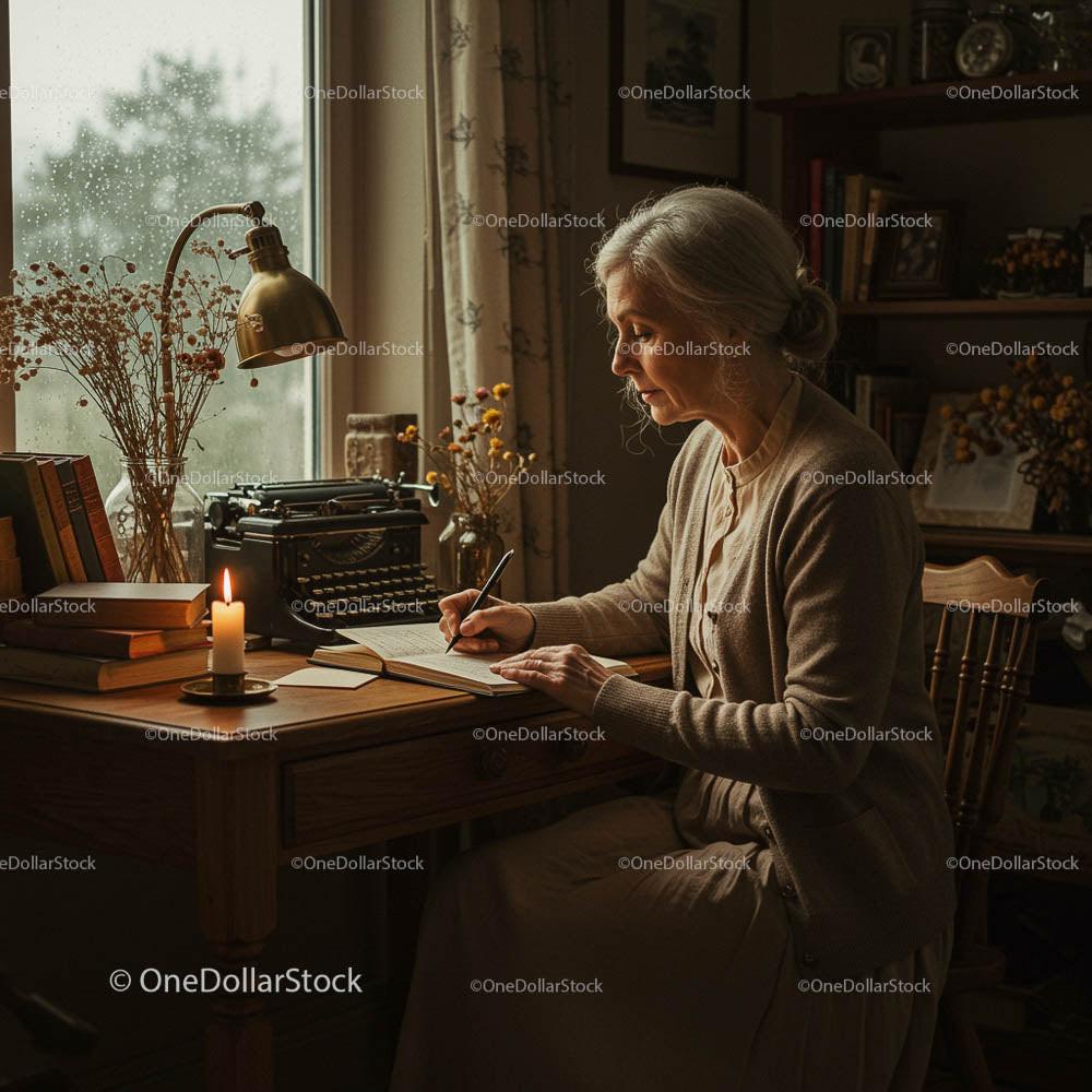 Elderly Woman Writing by Candlelight in Cozy Interior