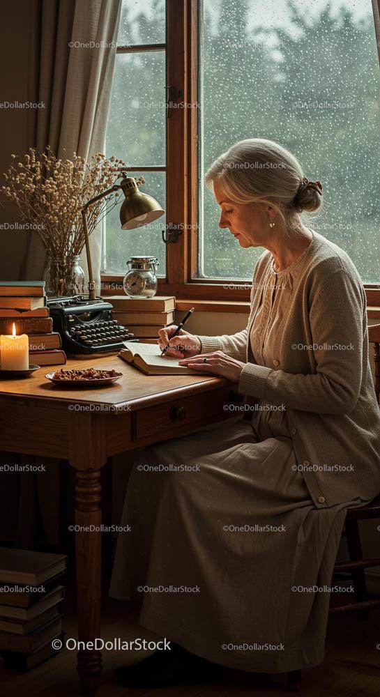 Woman Writing at Vintage Desk on a Rainy Day
