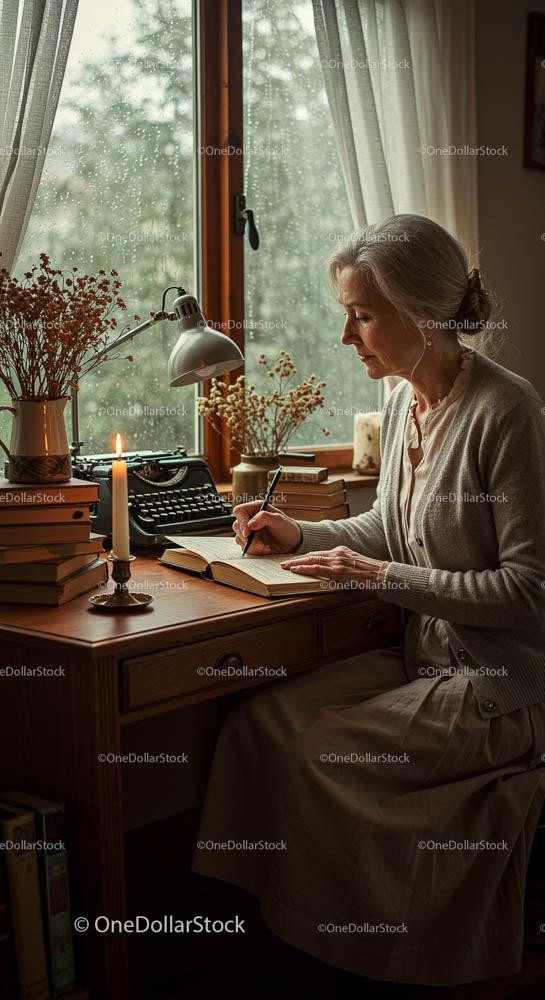 Elderly Woman Writing at Vintage Desk on a Rainy Day