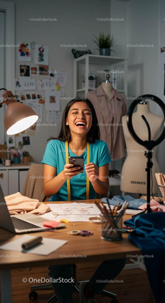 Fashion Designer Laughing in Creative Sewing Workspace